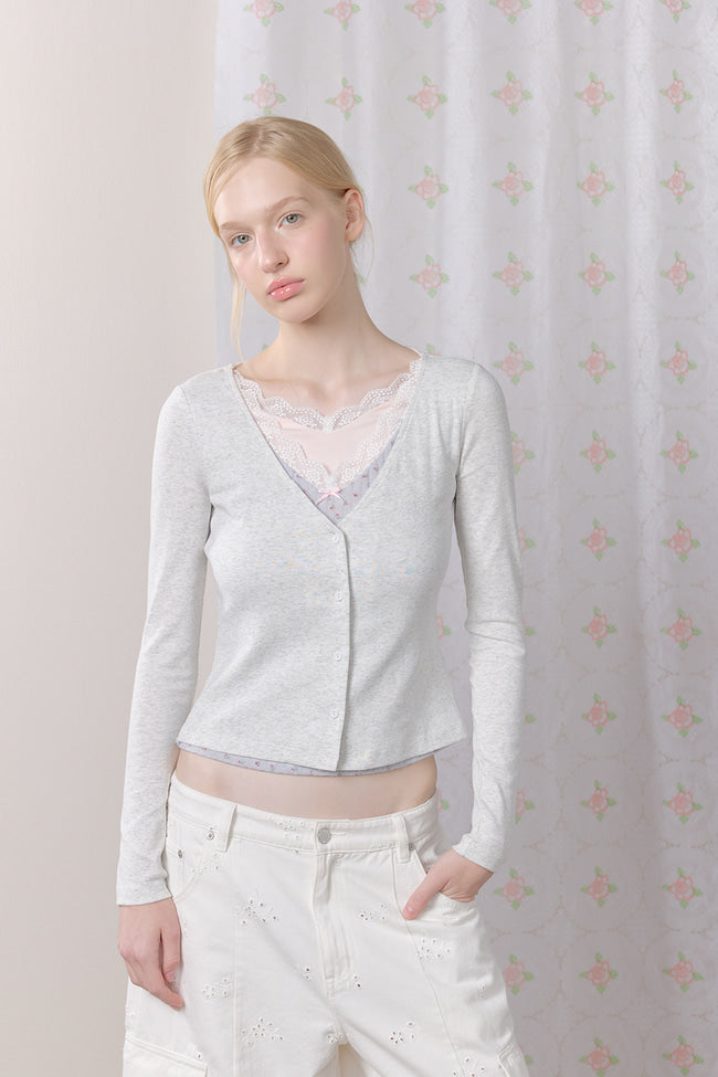 Petal Lace Layered Long Sleeve Top : Grey - GW27444