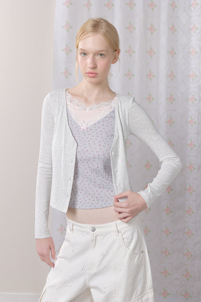 Petal Lace Layered Long Sleeve Top : Grey - GW27444