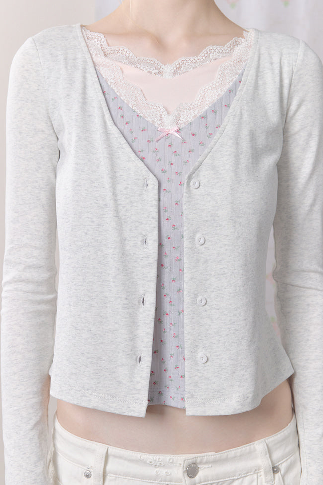 Petal Lace Layered Long Sleeve Top : Grey - GW27444