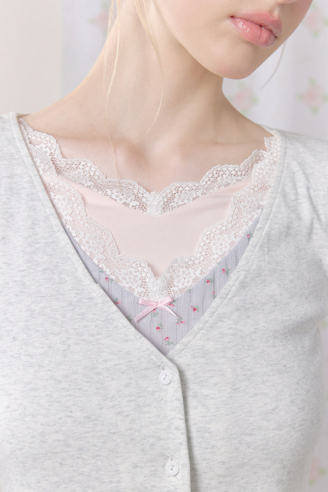Petal Lace Layered Long Sleeve Top : Grey - GW27444