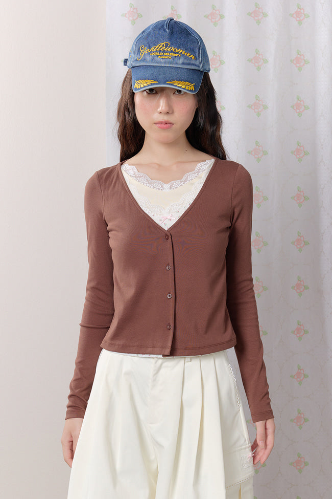 Petal Lace Layered Long Sleeve Top : Brown - GW27443