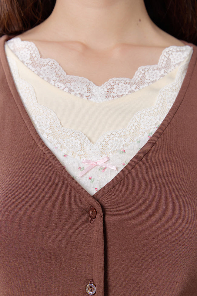 Petal Lace Layered Long Sleeve Top : Brown - GW27443