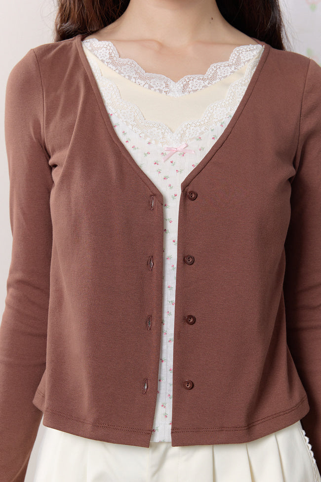 Petal Lace Layered Long Sleeve Top : Brown - GW27443